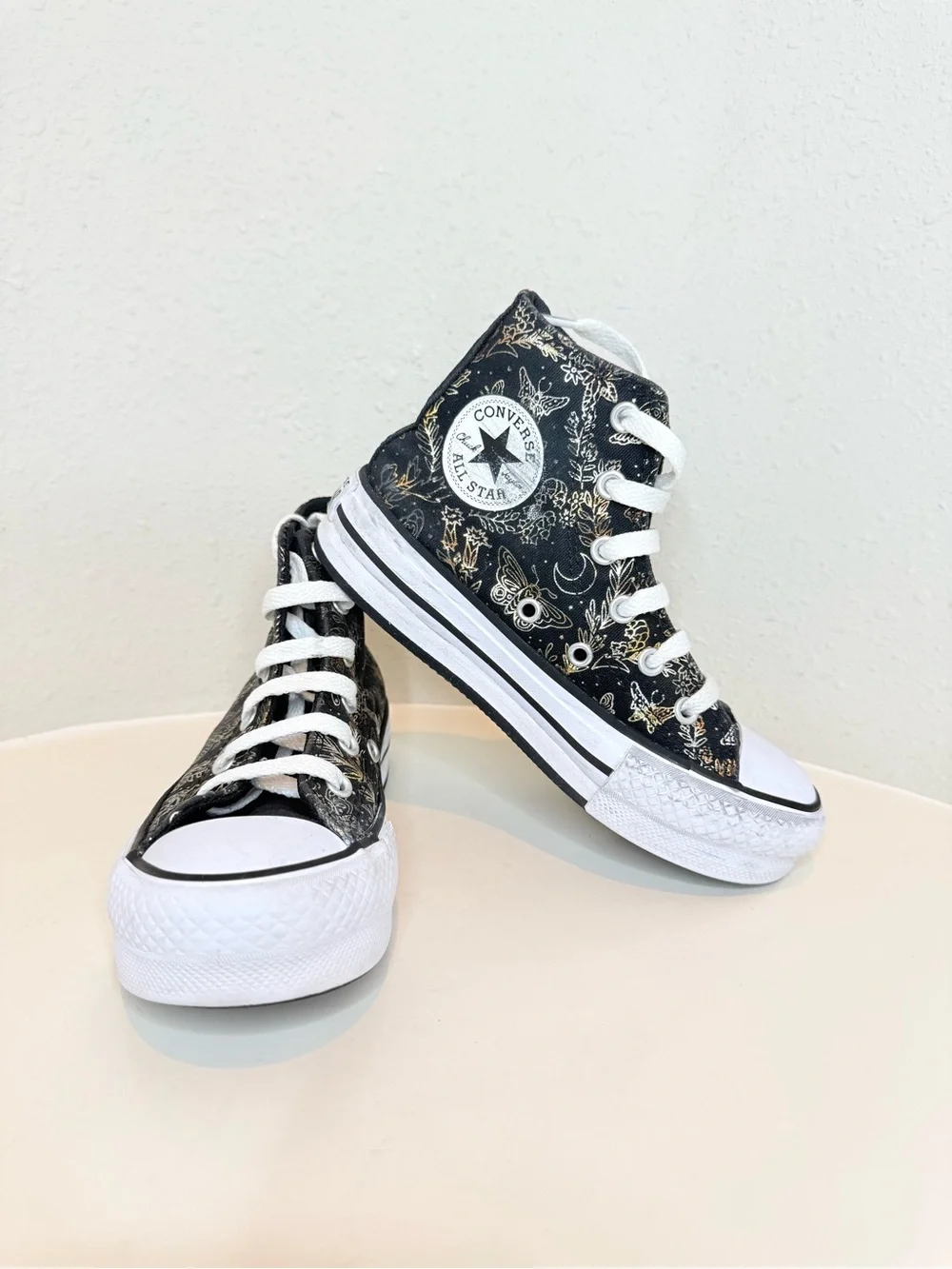 Converse Kids Eva Lift Unisex High Top Black Gold Butterfly Sneakers Size 13